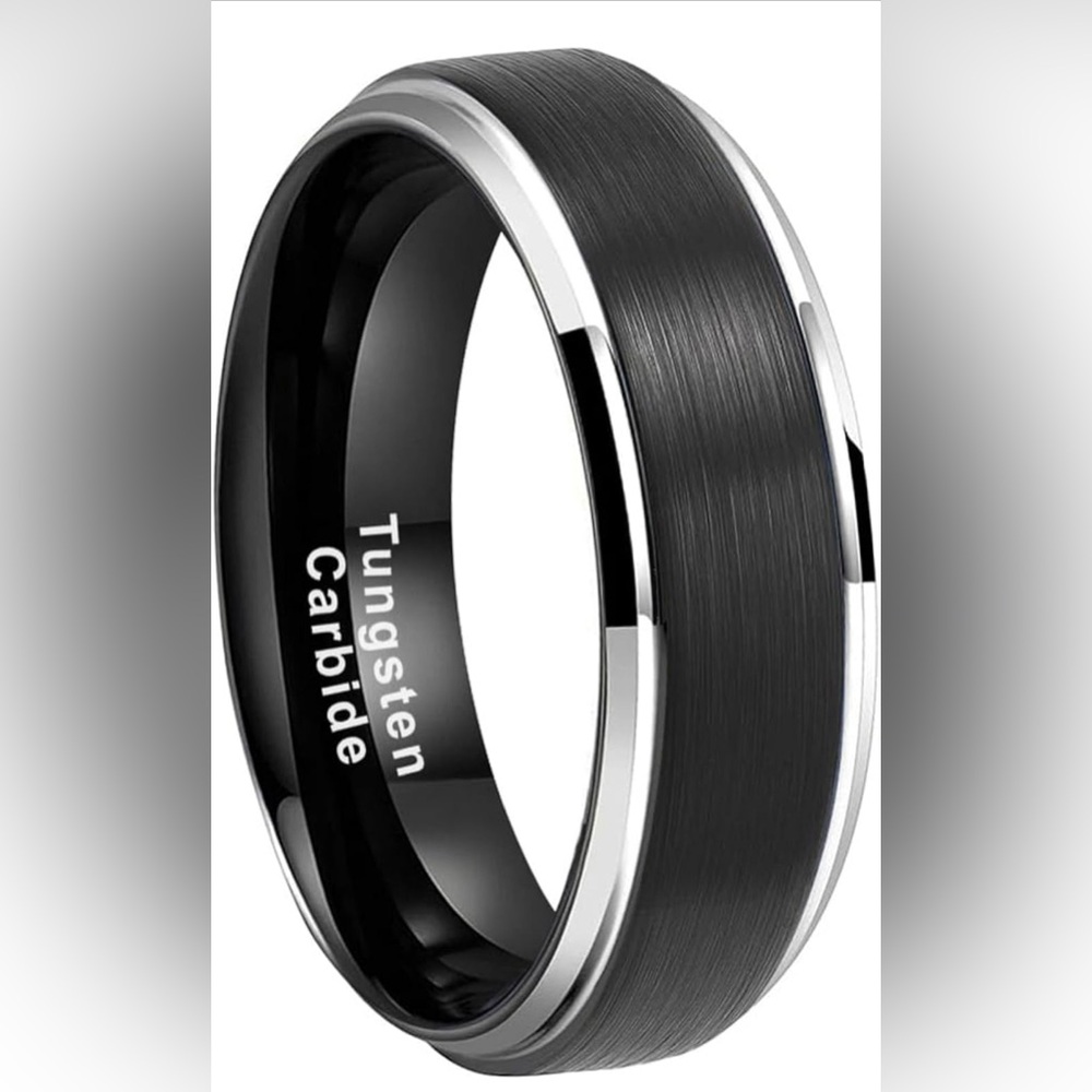 Men's Two-Tone Tungsten Ring Black Brushed Wedding Band 8mm Sizes 8-11